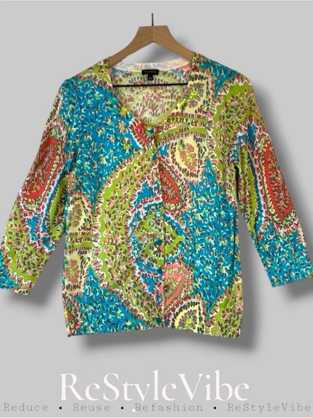 TALBOTS Women’s Size M Medium Sweater Cardigan 3/4 Sleeve Floral Mosiac - Picture 1 of 16